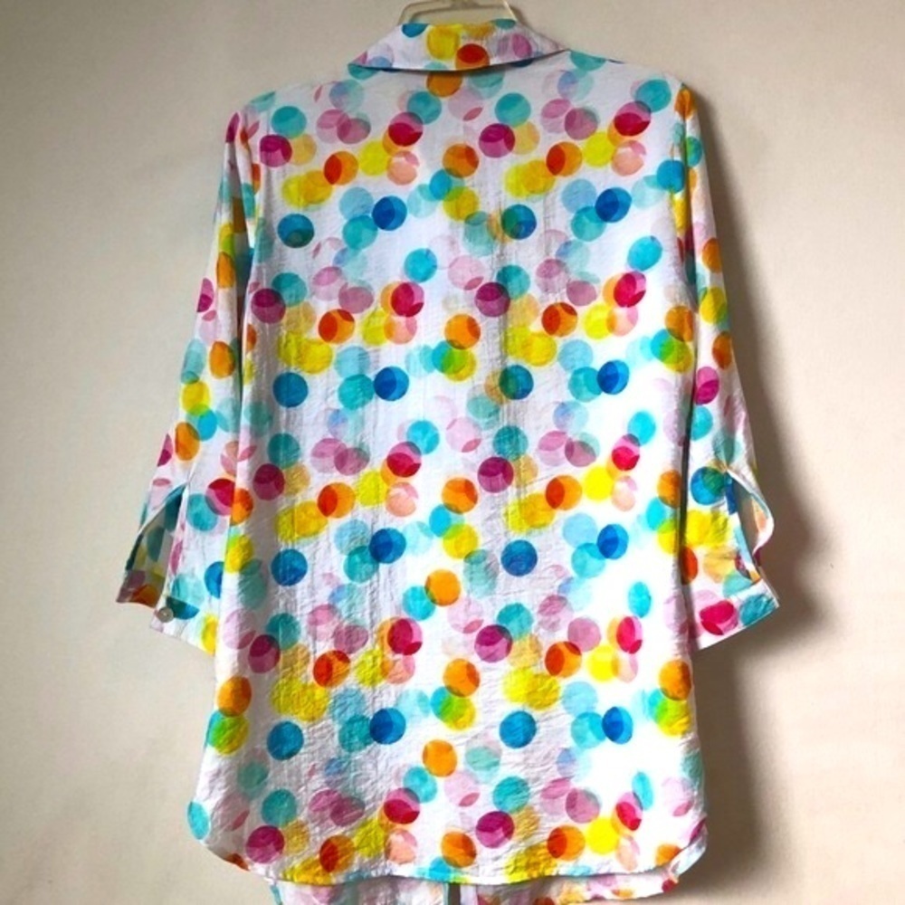 Alison Sheri Polka Dot Smock Top Multi Colour 3/4 Roll-Tab Sleeve Shell Buttons - Picture 2 of 10